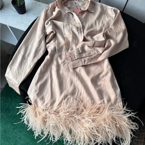 Miss Lola satin Cream Feather Trim Mini Dress S